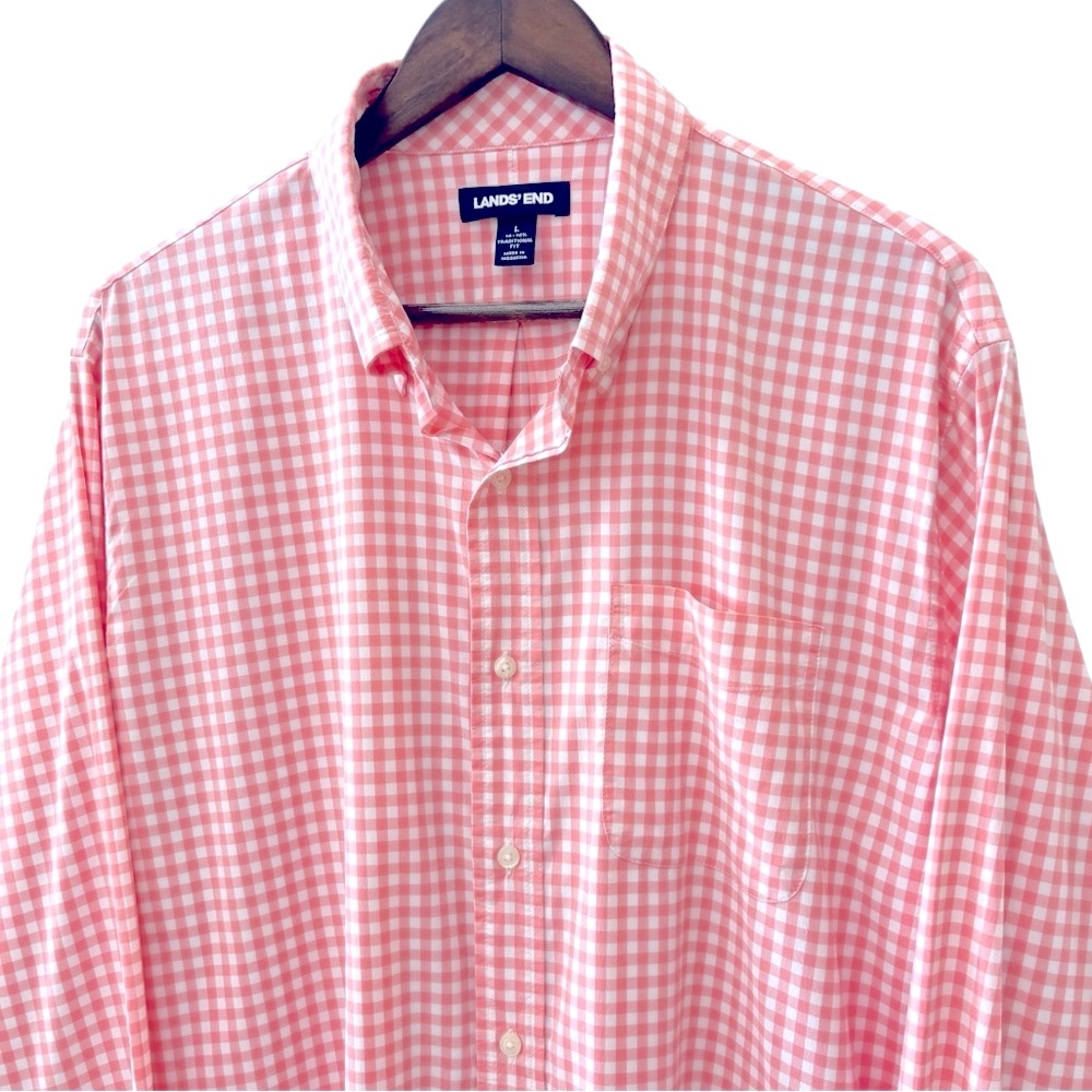 LAND’S END Performance Gingham Button Down Shirt | Pink Coral & White | Large